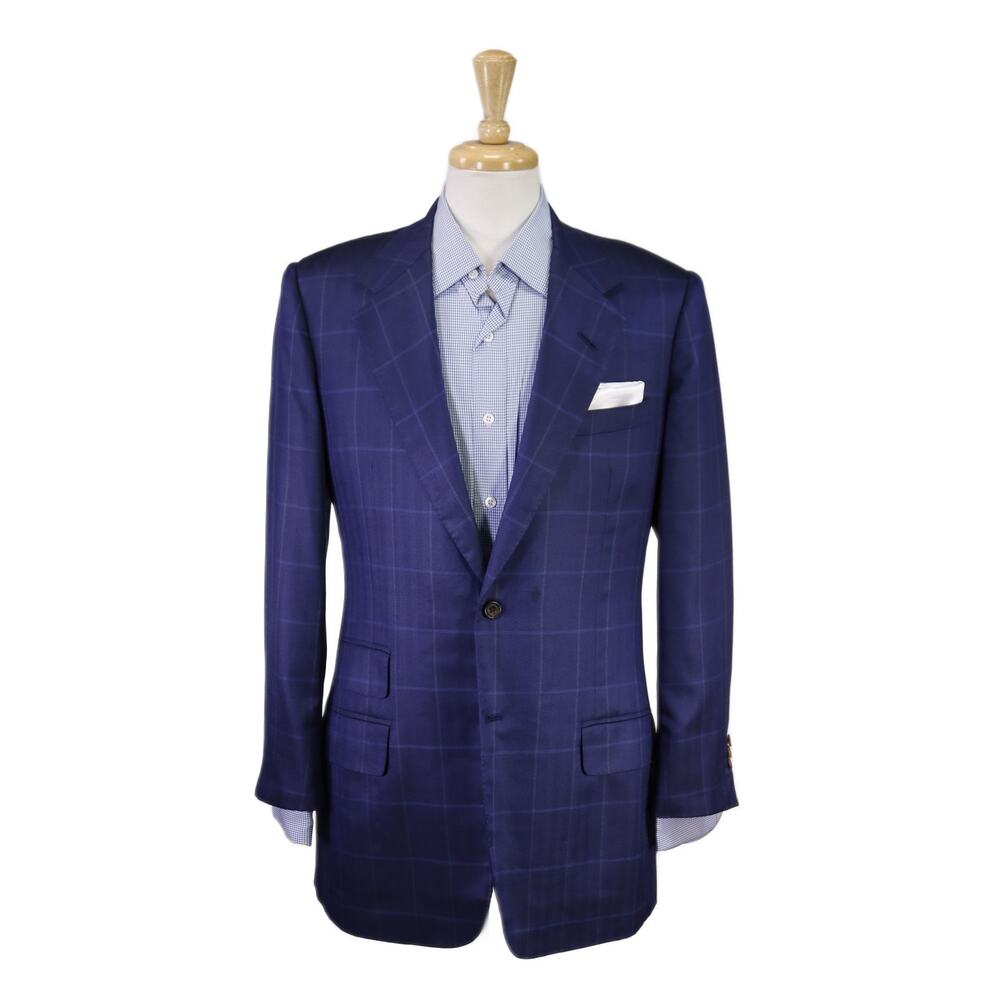 Edgar Pomeroy Bespoke Royal Blue Windowpane 2-Btn Silk Sportcoat Blazer 40R